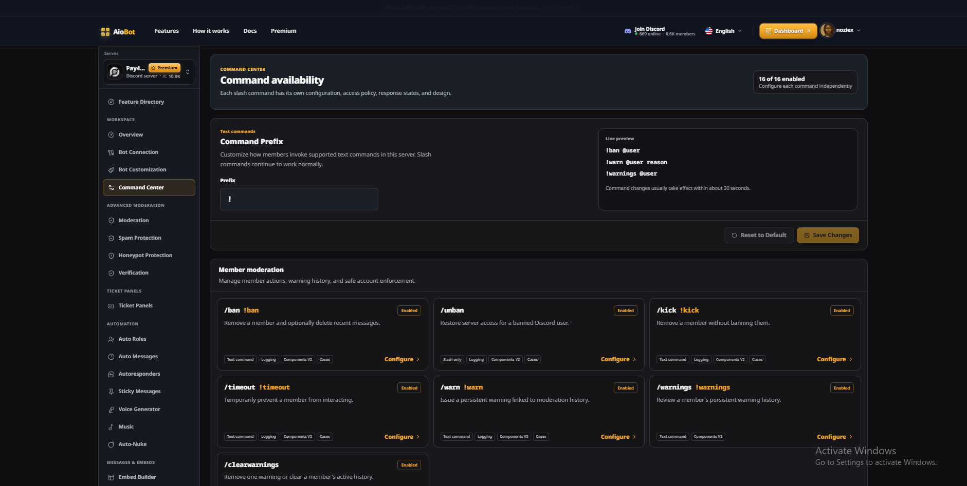 AioBot Command Center with slash-command configuration
