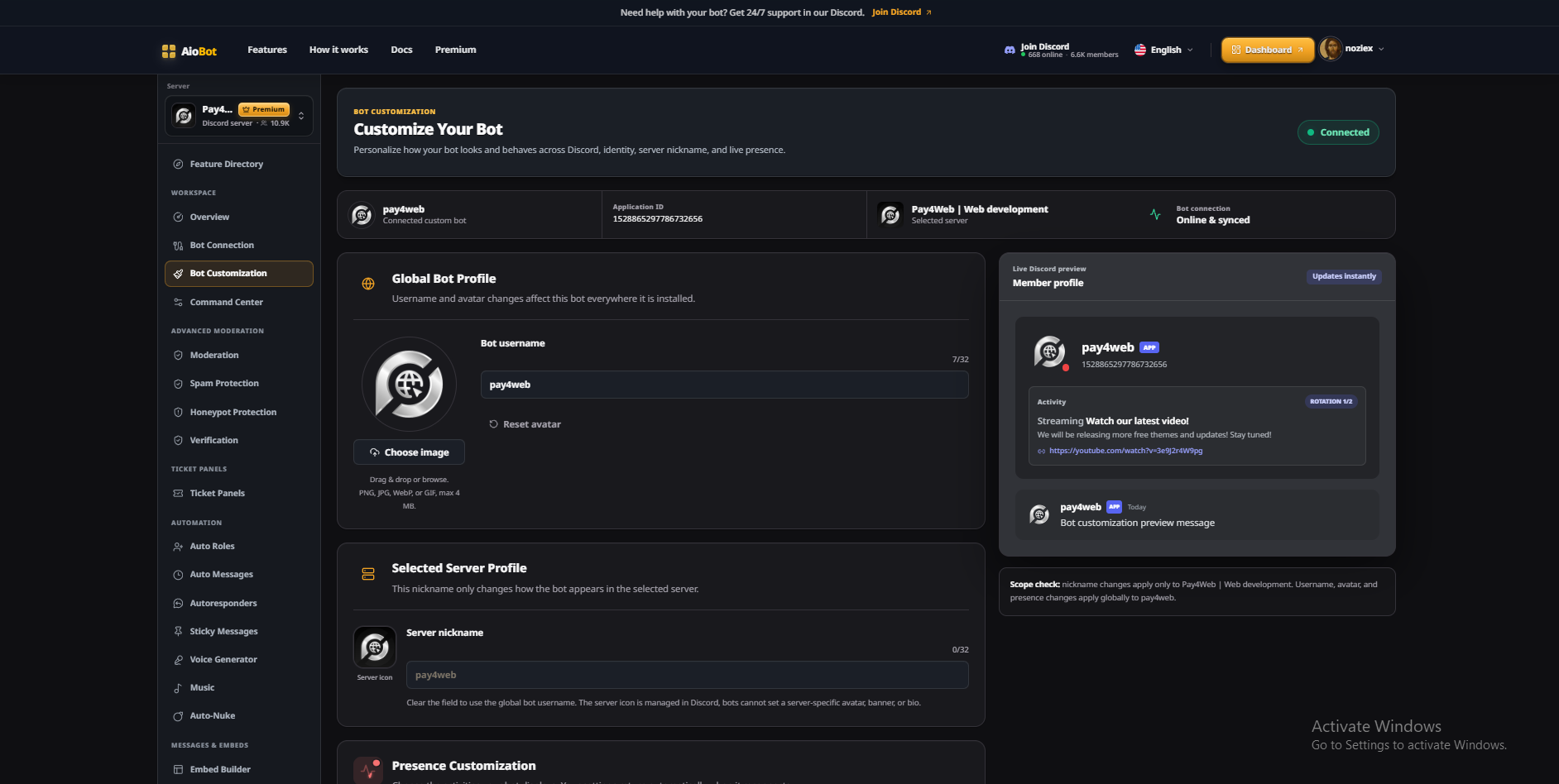AioBot bot customization with live Discord profile preview