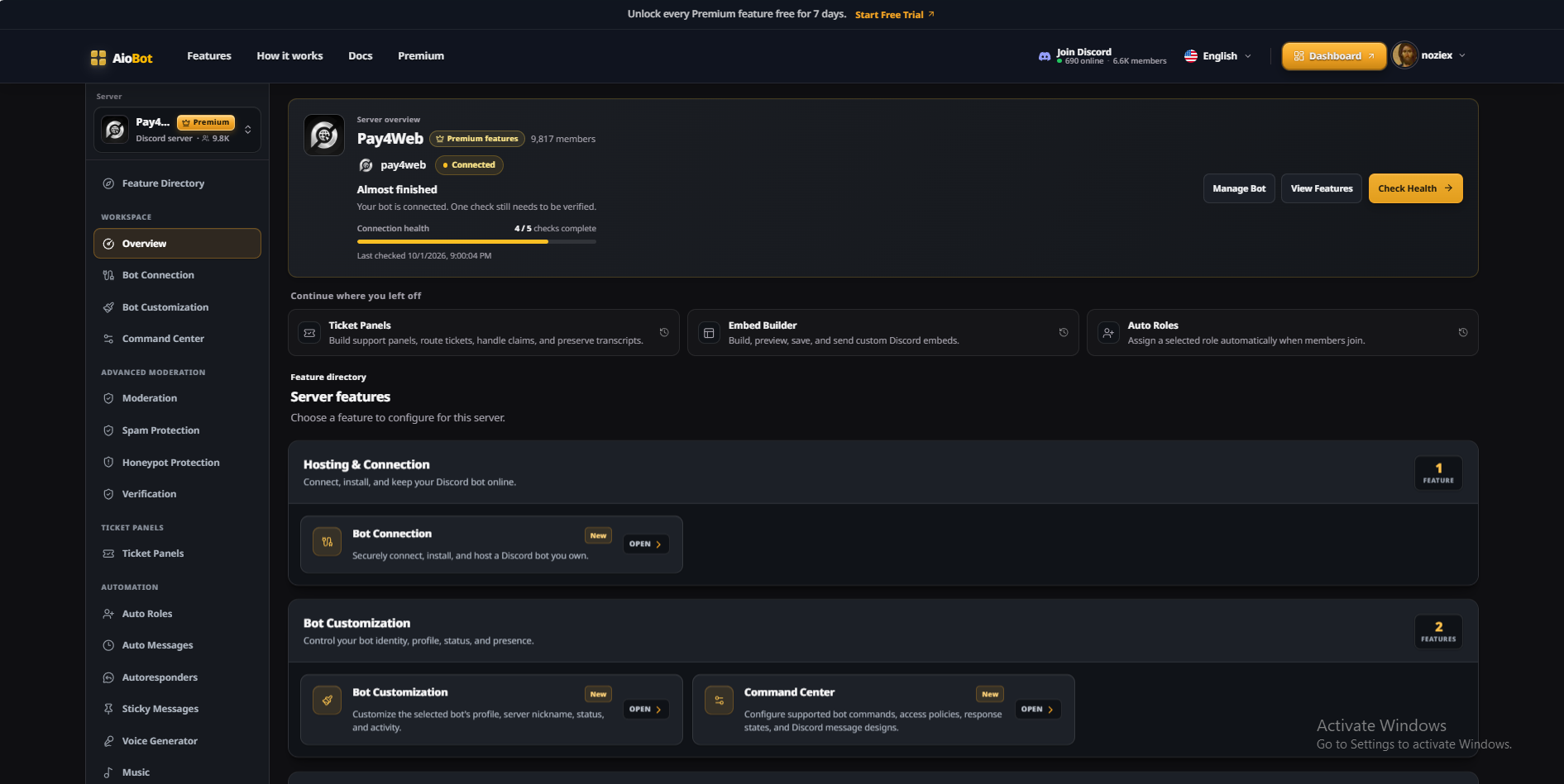 AioBot dashboard server overview