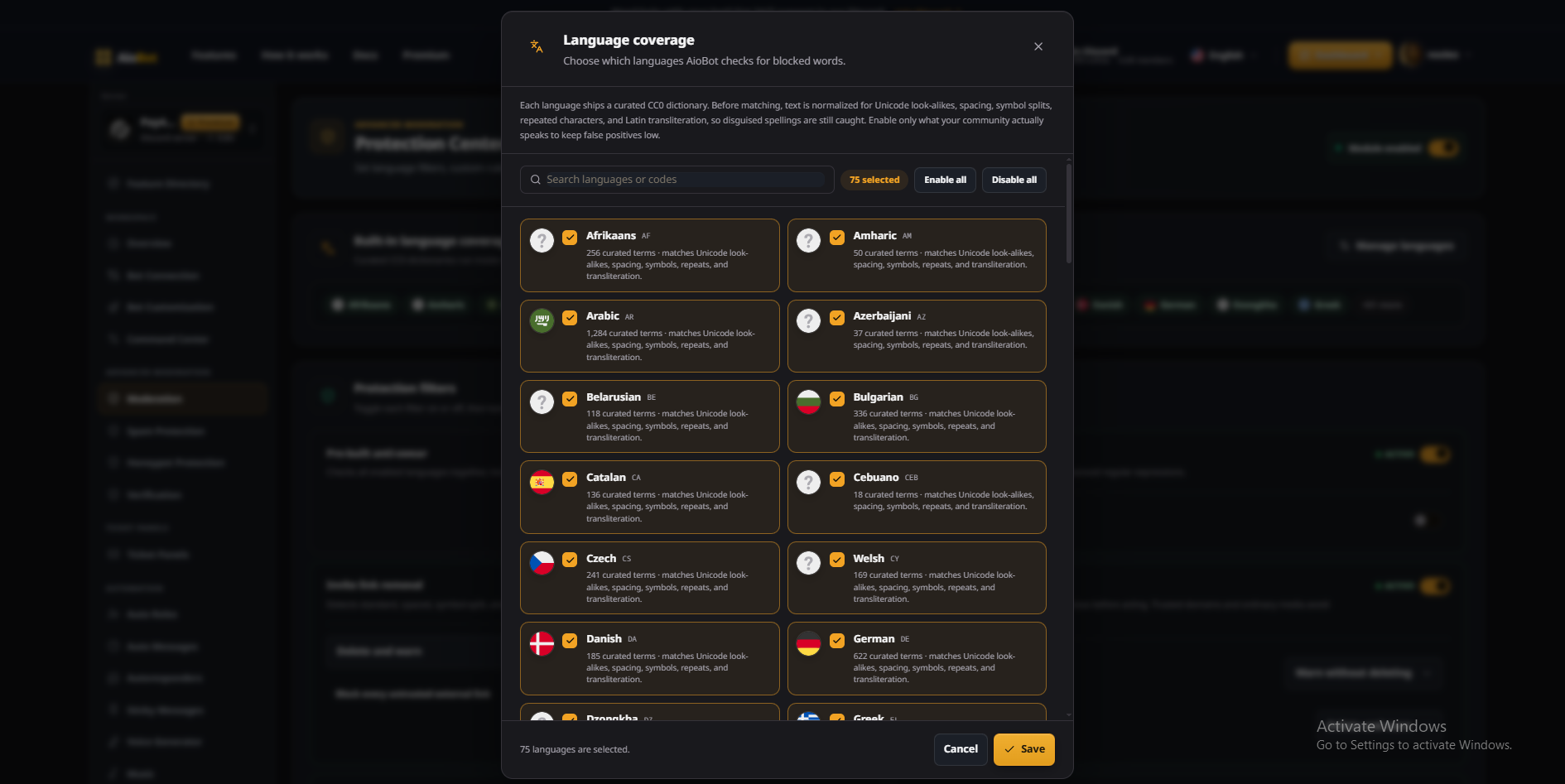 AioBot moderation language coverage configuration