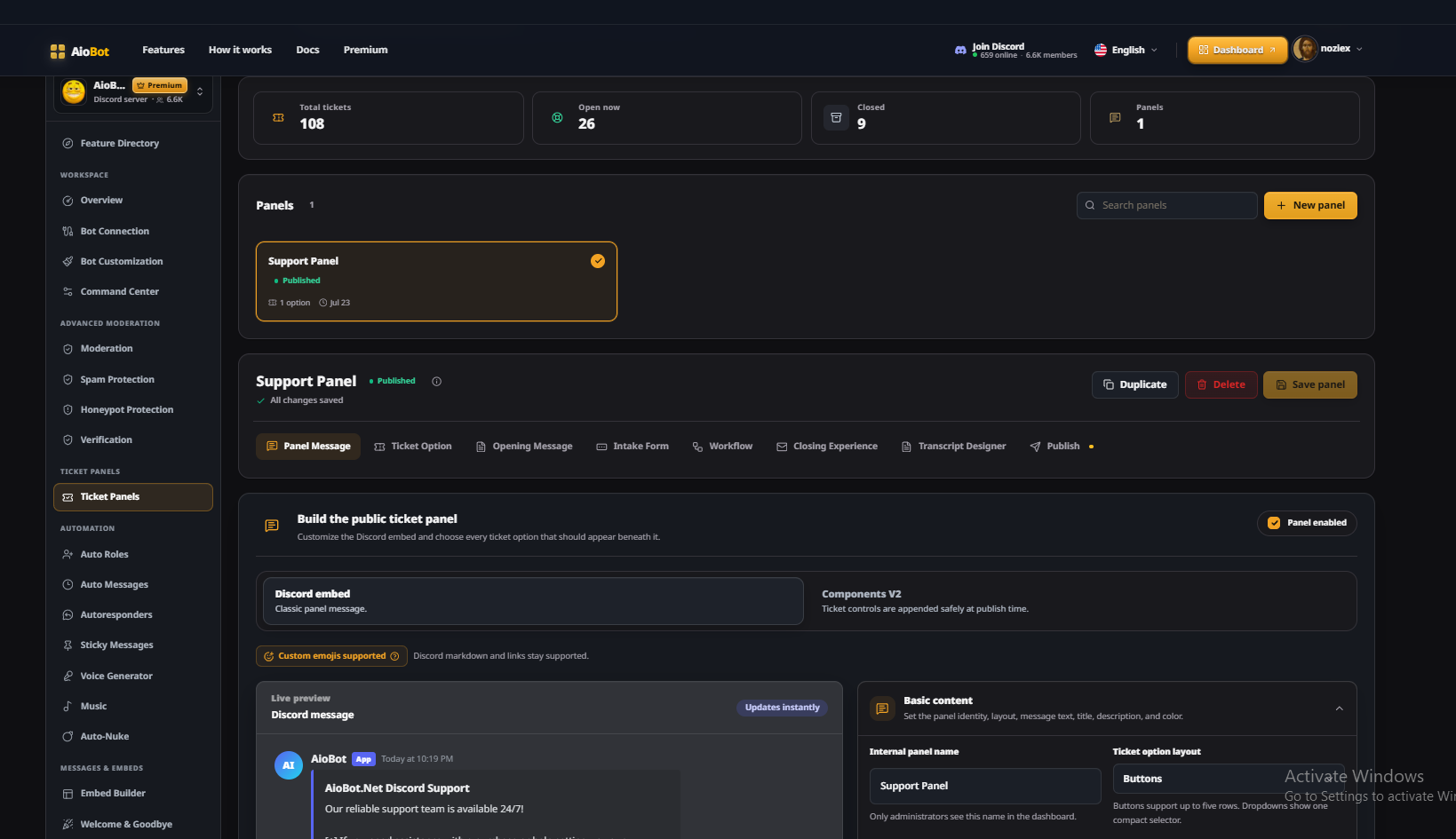 AioBot ticket panels with support panel settings