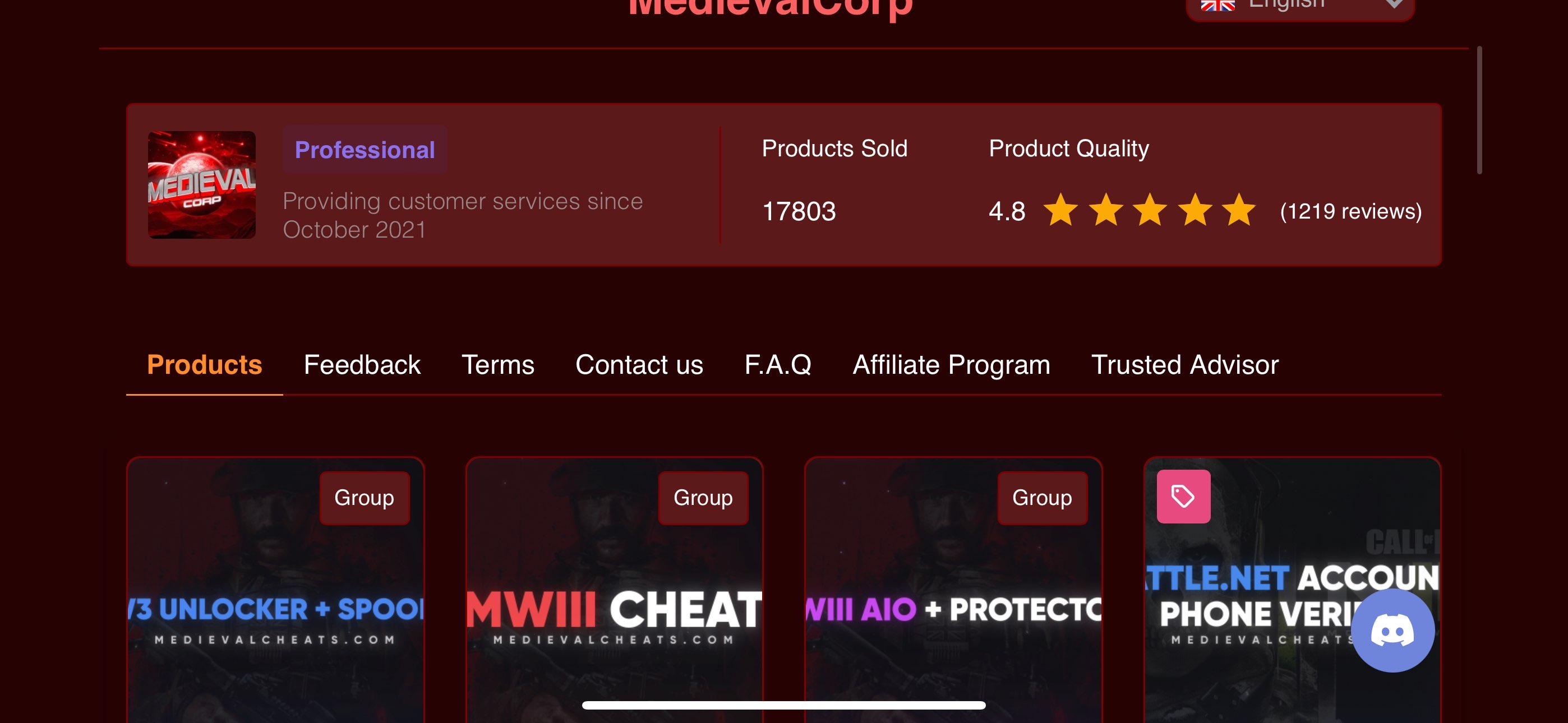 MedievalCorp storefront with product listings and seller stats