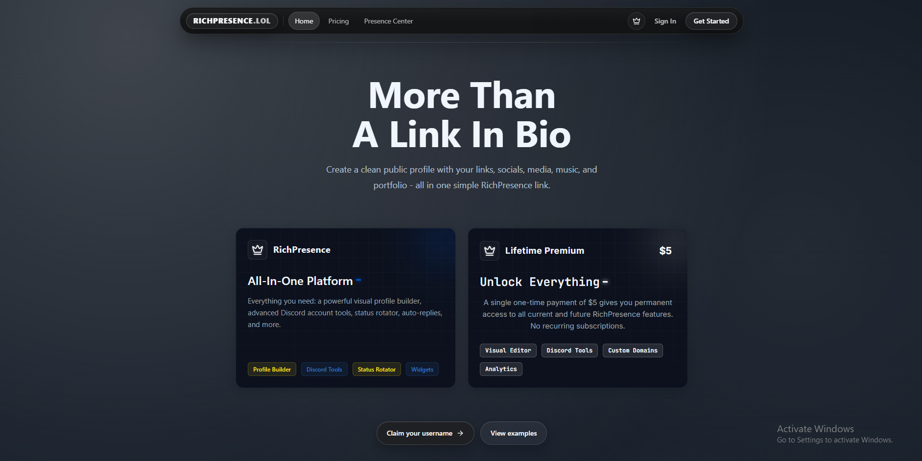 RichPresence landing page at richpresence.lol